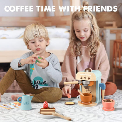 Play-Kitchen-for-Kids with 18 Pcs Toy Food &amp; Kids Coffee Maker Wooden Kitchen Toys - 17Pcs Toy Coffee Maker Playset