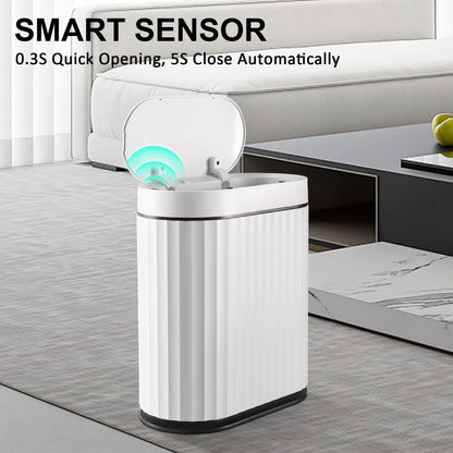 ELPHECO Mini Desktop Trash Can with Lid, Small Slim Automatic Garbage Can, 1.3 Gallon Motion Sensor Countertop Waste Basket for Bedroom, Office, Bathroom, White with Grey Trim