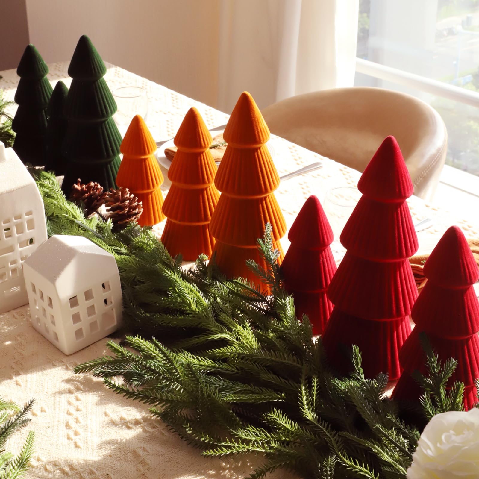 Christmas Decorations Indoor- 3 Pcs Velvet Christmas Tree,Modern Cone Ceramics Christmas Decor Tabletop Winter Home Minimalist for Holiday Entryway Table Mantel Centerpiece(Green)
