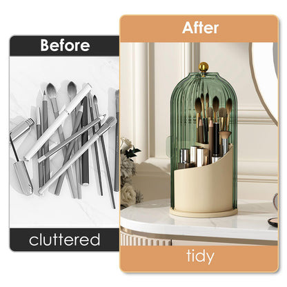 Makeup Brush Holder Organizer with Lid,360 Rotating Clear Dustproof Makeup Brushes Organizer for Vanity Desktop Bathroom Countertop (Transparent)