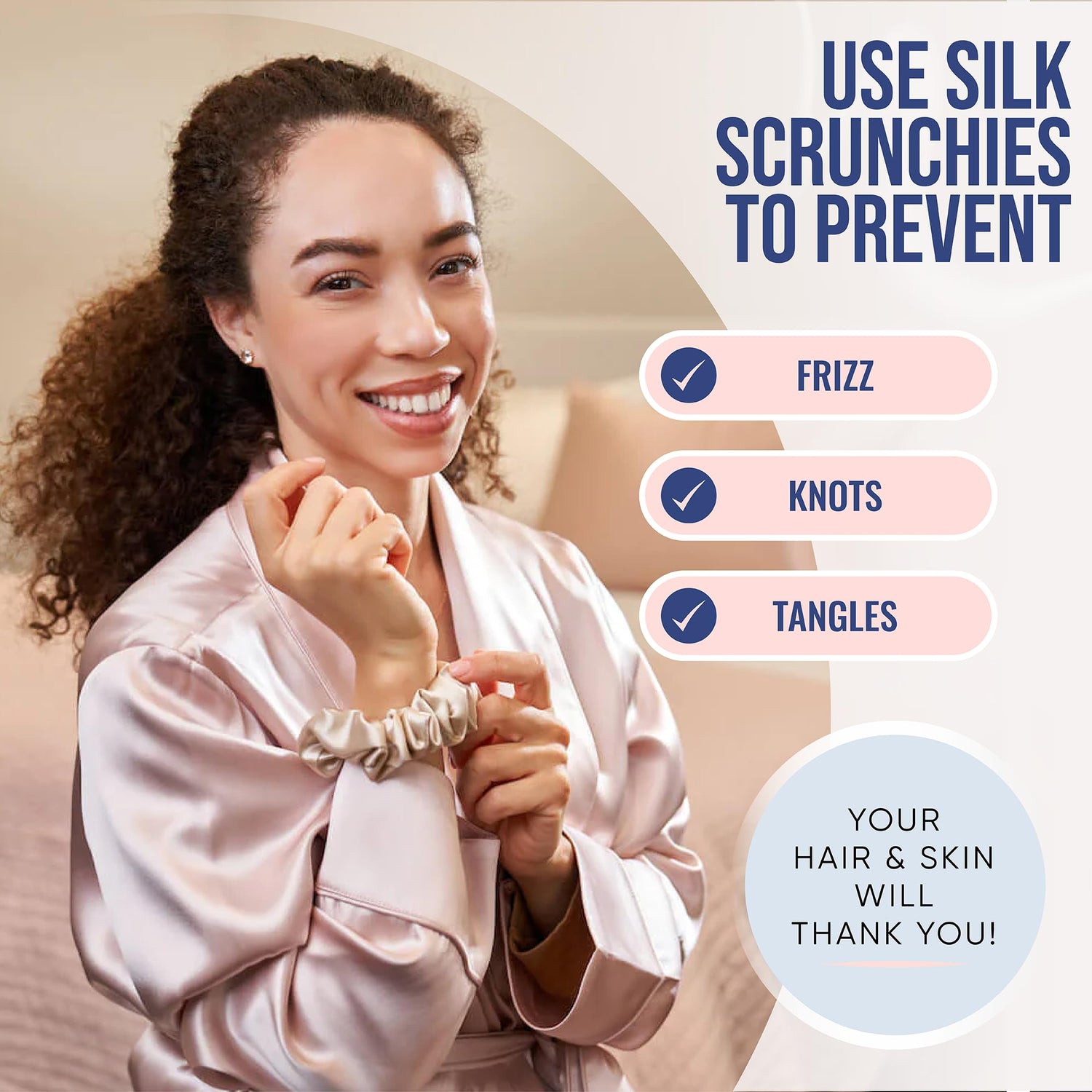 Blissy Silk Scrunchies (3 Pack) - 100% Pure Mulberry Silk - 22 Momme 6A High-Grade Fibers - Silk Scrunchie for Straight &amp; Curly Hair - Preventing Breakage, Tangling, &amp; Creasing (Rose Skinny)