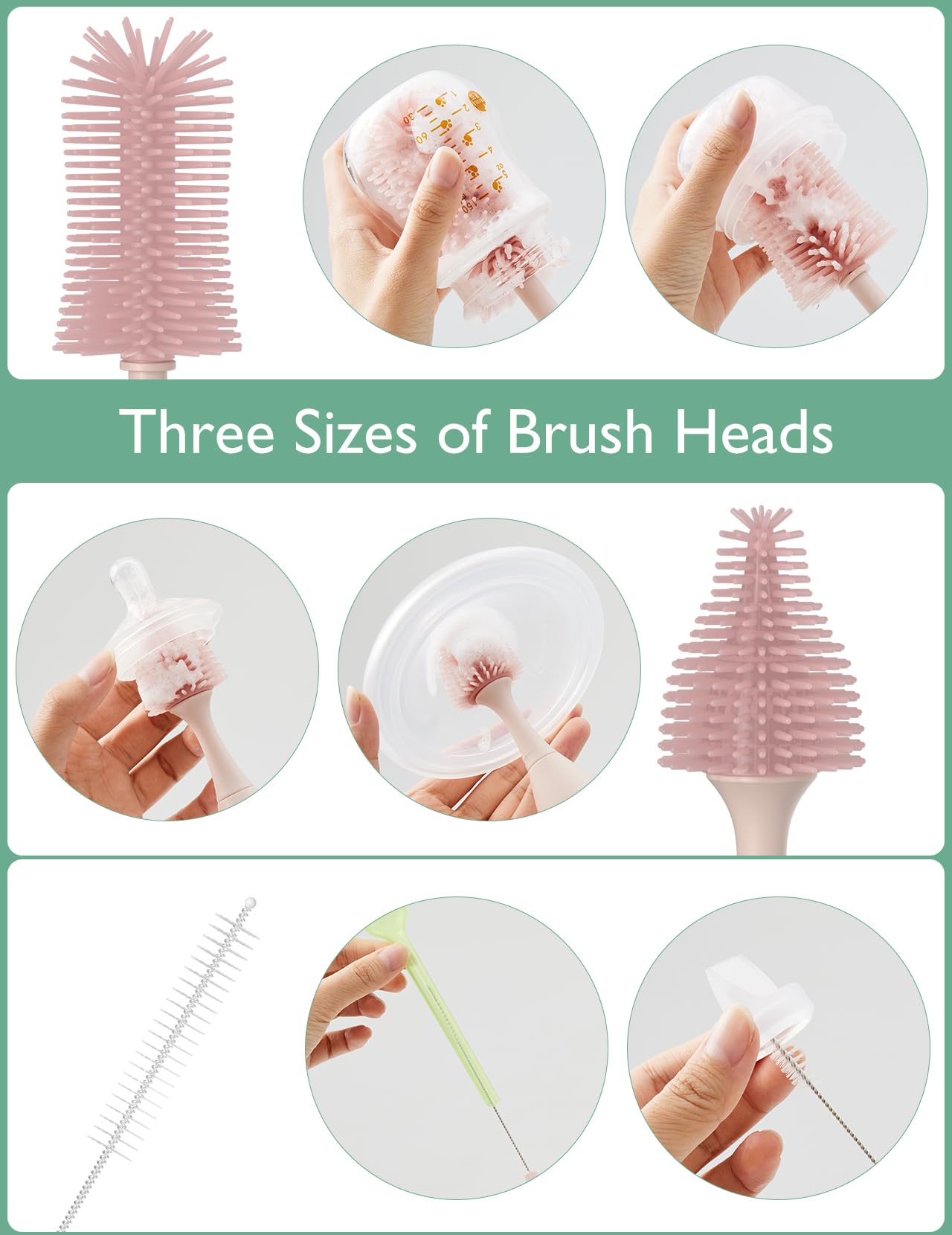 Momcozy Bottle Brush Kit, Innovative Push-Press Design for Better Cleaning - Baby Bottle Cleaner Brush for Baby Bottle, Breast Pumps, Nipples, and More - Can Generate Foam for Better Cleaning, Pink