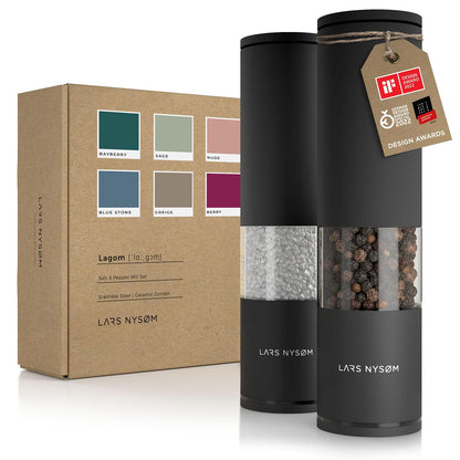 LARS NYSØM Salt and Pepper Mills Set Stainless Steel with Adjustable Ceramic Grinder 2 Pieces I Design Spice Mills Set Manual (Brown/Beige)