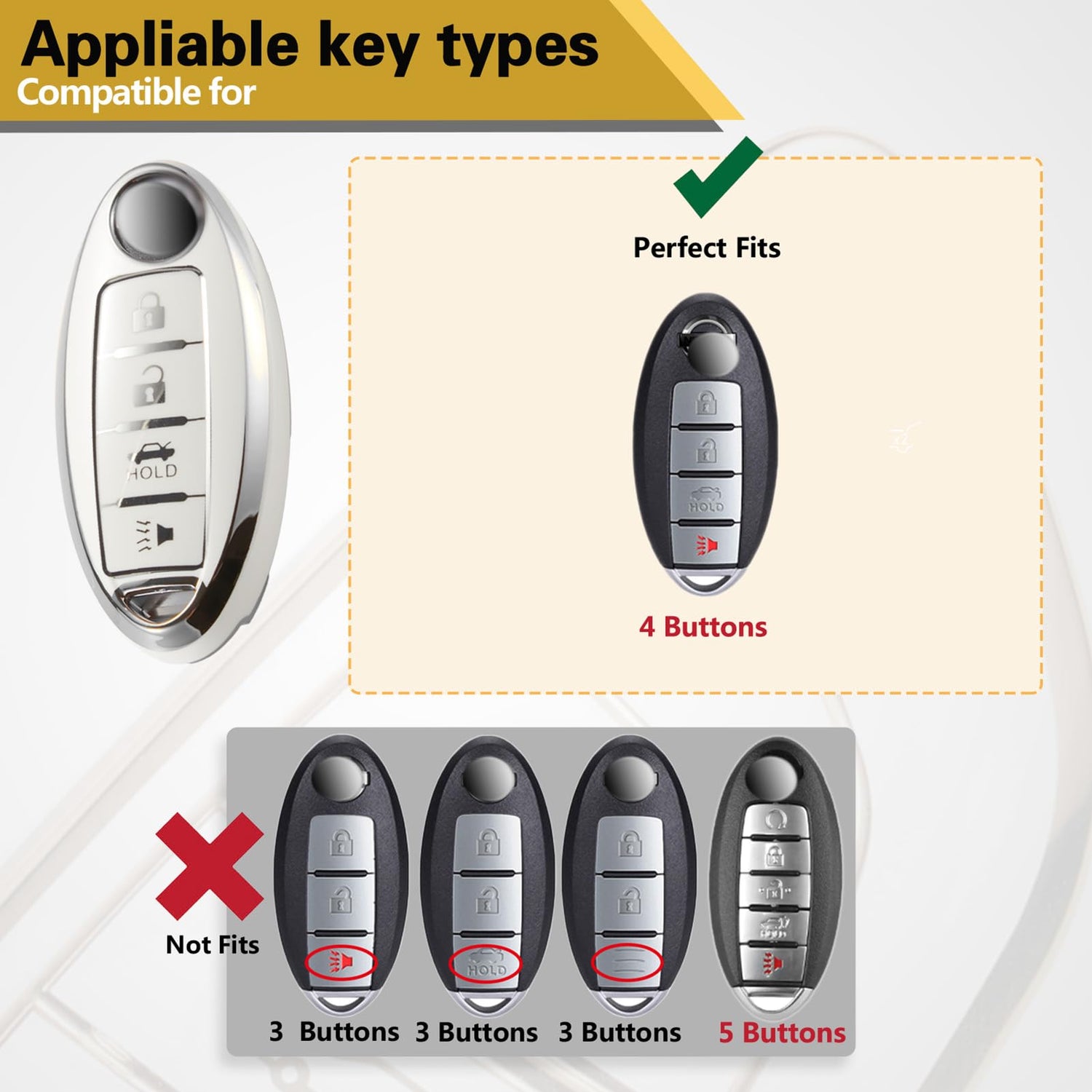 Cadillac Key Fob Cover with Metal Braided Rope Keychain, Upgraded Soft Key Case for 2015-2019 Escalade CTS SRX XT5 ATS STS CT6 (5 Button) (Gold Edge)
