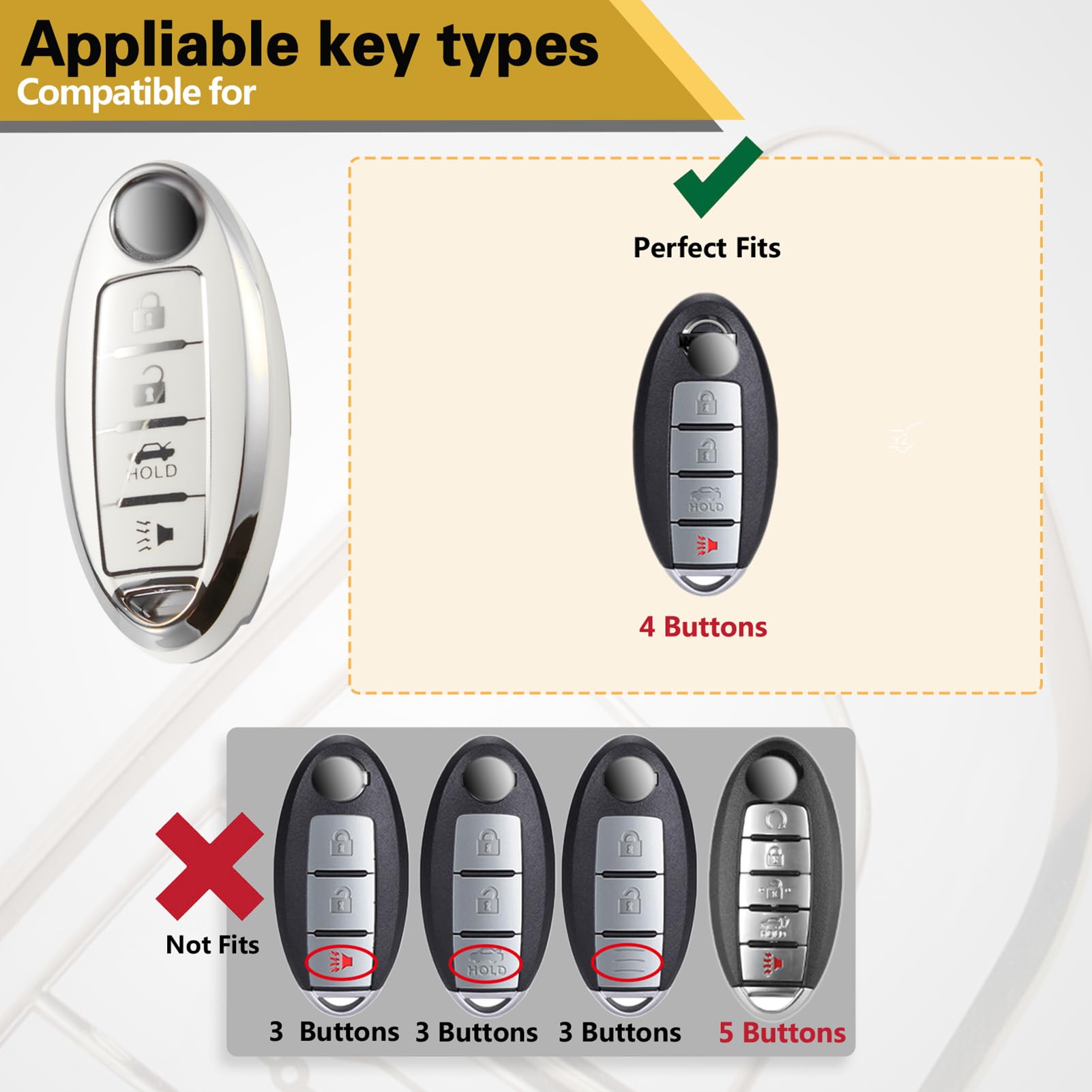 Cadillac Key Fob Cover with Metal Braided Rope Keychain, Upgraded Soft Key Case for 2015-2019 Escalade CTS SRX XT5 ATS STS CT6 (5 Button) (Gold Edge)