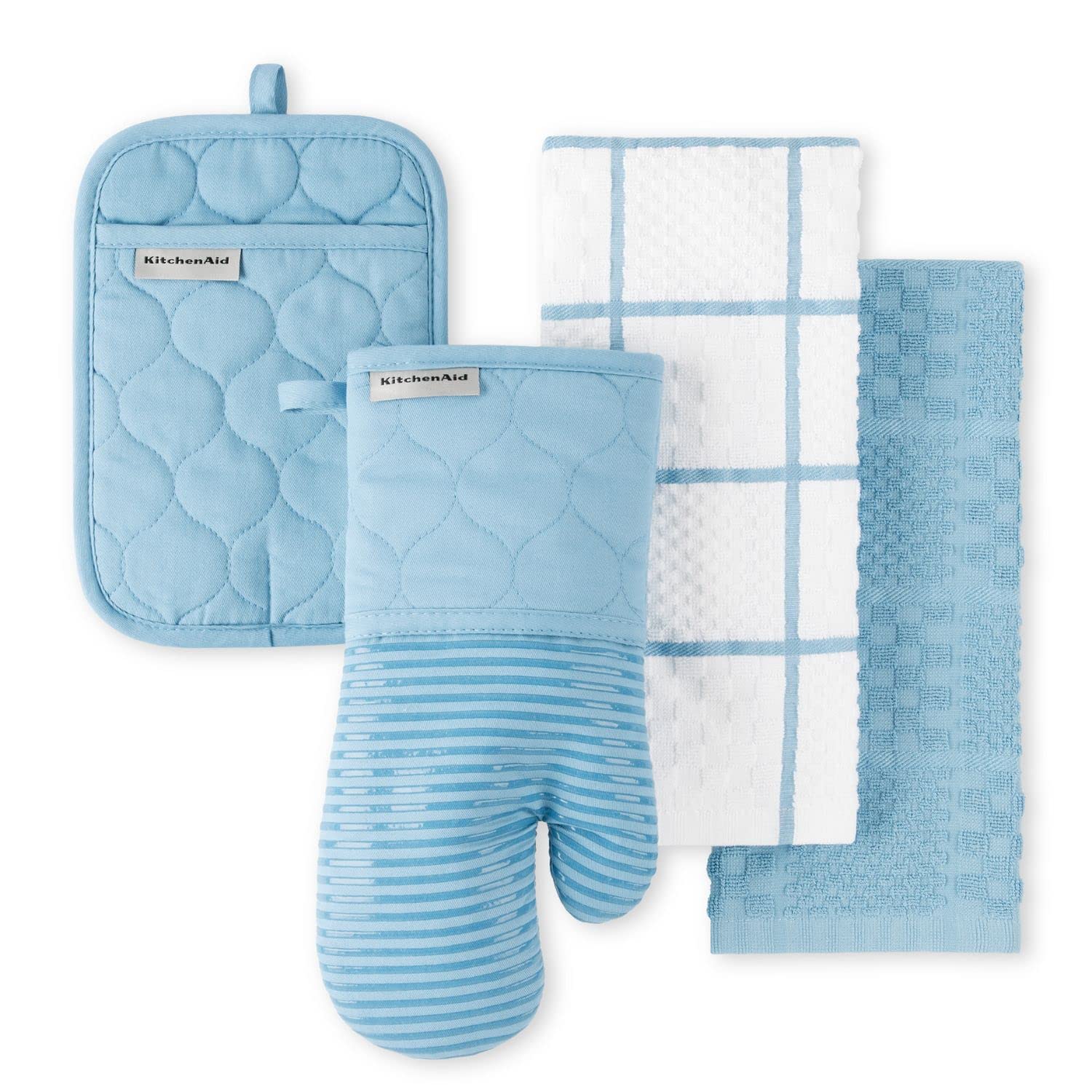 KITCHENAID Quilted Cotton Terry Cloth Oven Mitt, Pot Holder, Kitchen Towel 4-Pack Set, Heat Resistant, Silicone Grip, Gift Set, Milkshake, 16&quot;x26&quot;, 7&quot;x13&quot; &amp; 7&quot;x10&quot;
