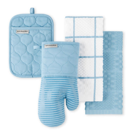 KITCHENAID Quilted Cotton Terry Cloth Oven Mitt, Pot Holder, Kitchen Towel 4-Pack Set, Heat Resistant, Silicone Grip, Gift Set, Milkshake, 16&quot;x26&quot;, 7&quot;x13&quot; &amp; 7&quot;x10&quot;