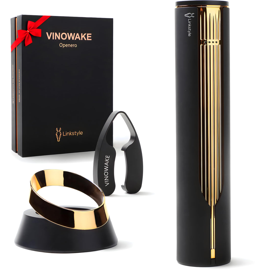 LINKSTYLE OPENERO Electric Wine Bottle Opener, Luxury Automatic Wine Corkscrew with Foil Cutter and Charging Base, Premium Metals with Elegant Gift Box, Home Bar Accessories for Wine Lovers, Gold