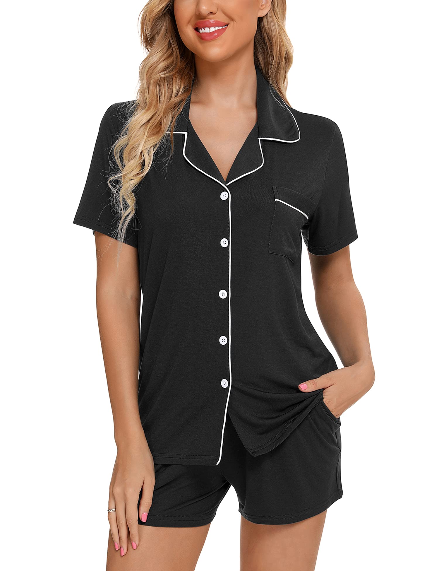 Senert Pajamas Set For Women Short Sleeve Sleepwear Soft Button Down Pjs Set Nightwear Lounge Sets S-XXL