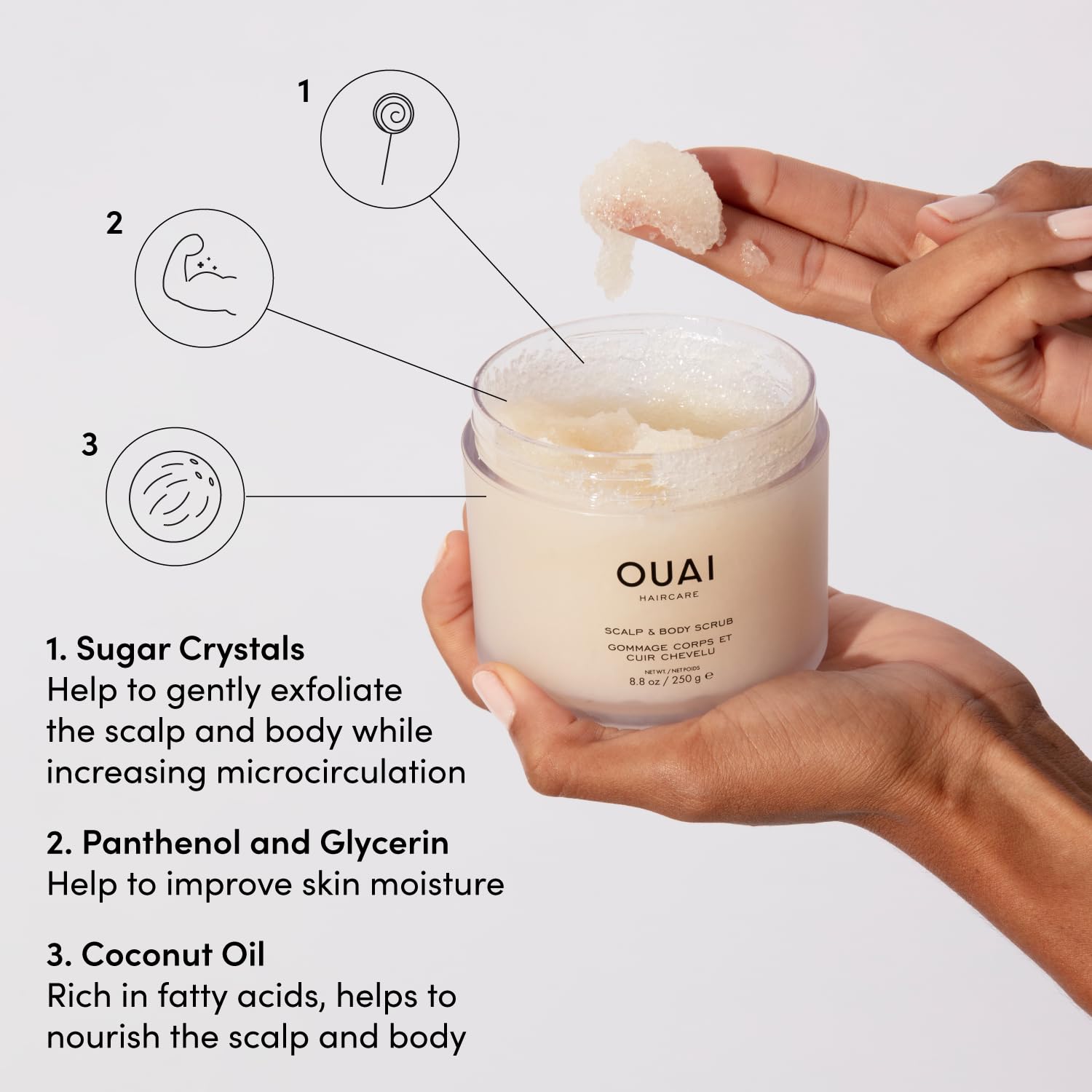 OUAI Scalp &amp; Body Scrub, Melrose Place - Exfoliating Body Scrub with Sugar &amp; Coconut Oil Blend for Smooth, Moisturized Skin - Gentle Scalp Scrub for Removing Product Build Up (8.8 Oz)