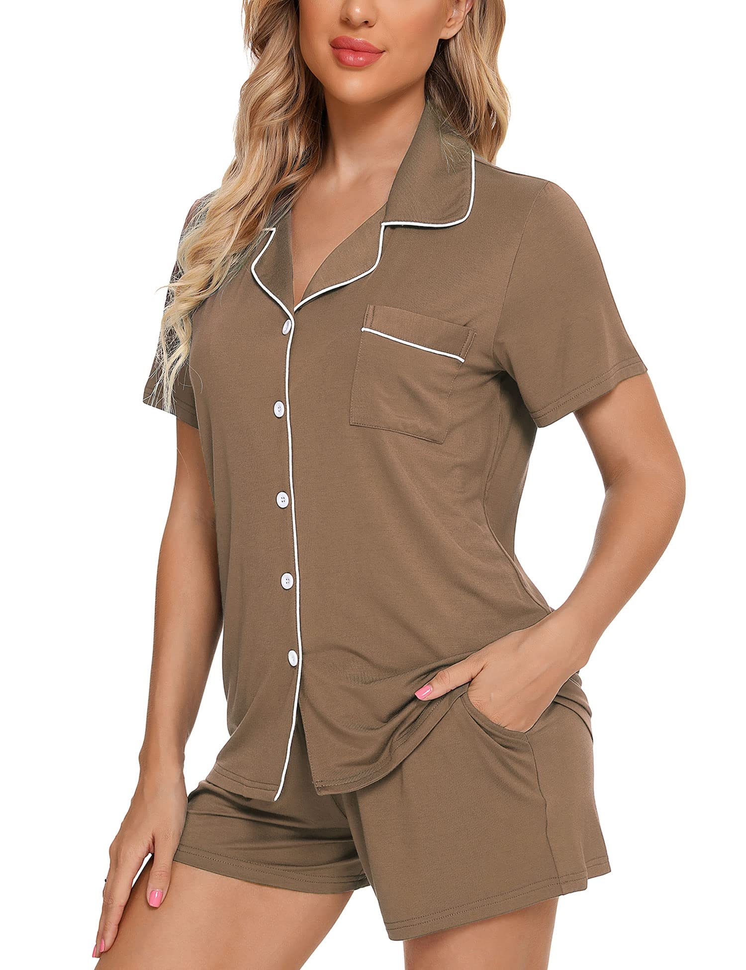 Senert Pajamas Set For Women Short Sleeve Sleepwear Soft Button Down Pjs Set Nightwear Lounge Sets S-XXL