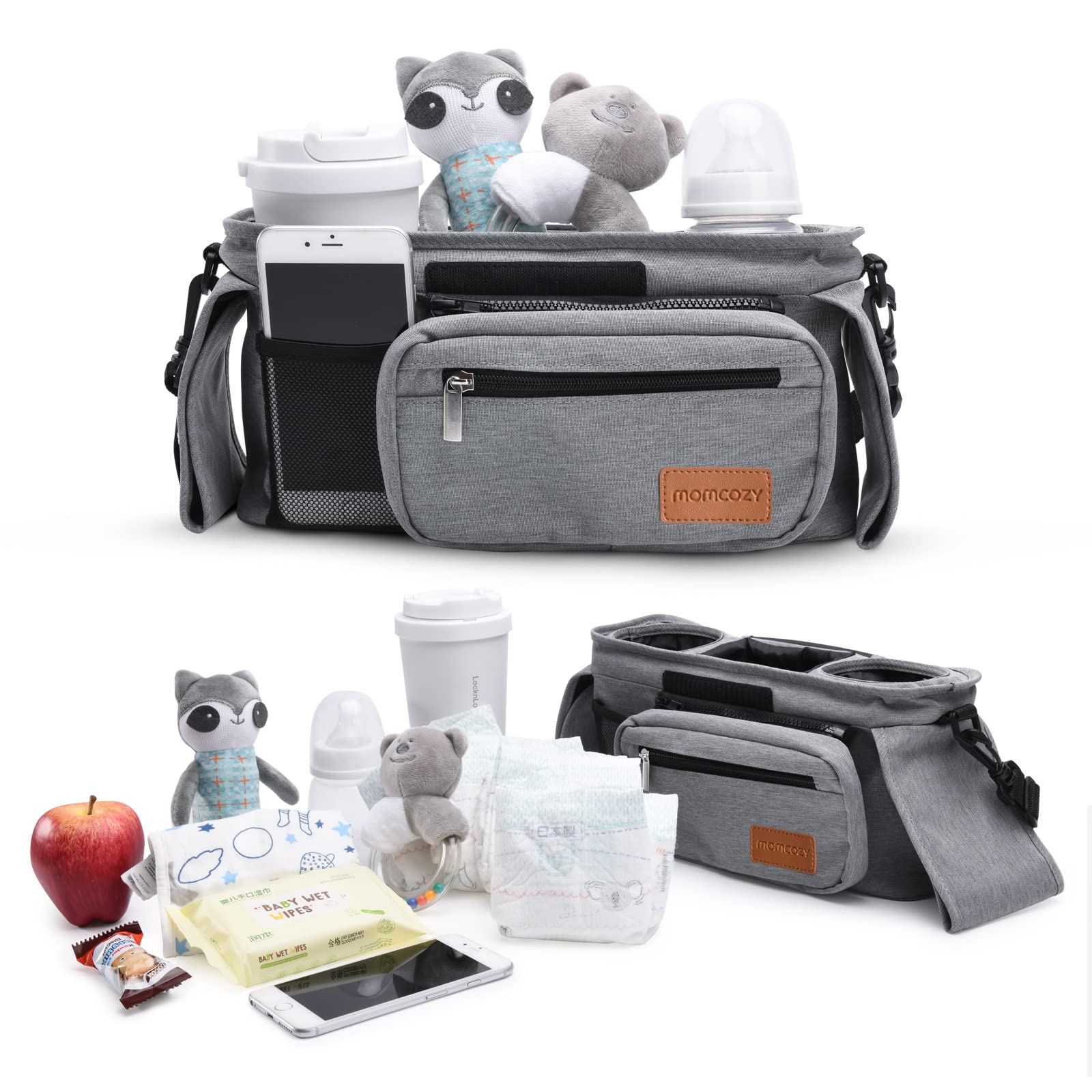 Momcozy Universal Baby Stroller Organizer, 2 Insulated Cup Holder, Detachable Zippered Pocket, Adjustable Shoulder Strap, Large capacity for baby essentials, Compact Design Fits Any Strollers