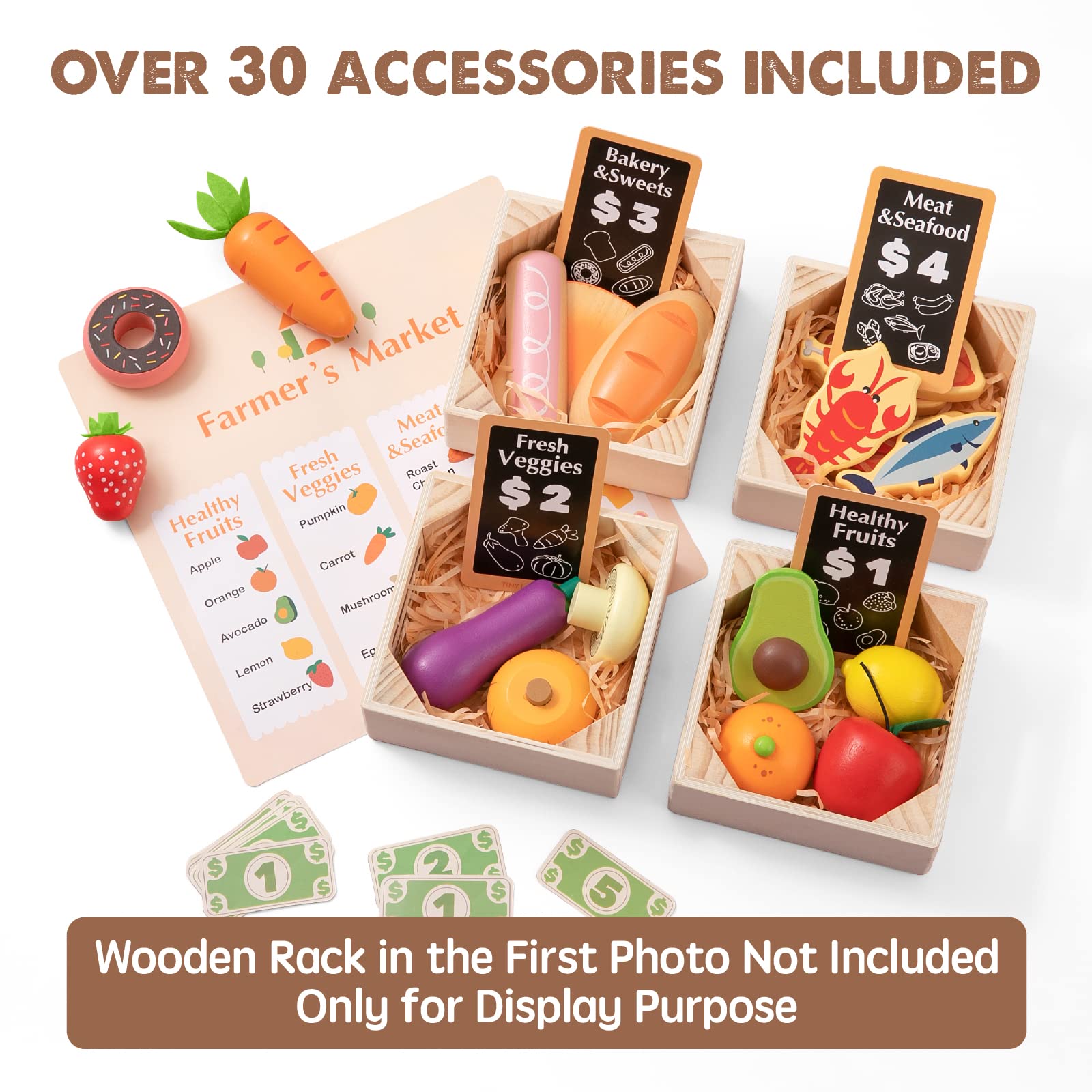Play Kitchen for Kids with 18 Pcs Toy Food &amp; Cookware Accessories Bundle with 43 Pcs Kids Wooden Play Food