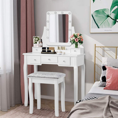 DORTALA Vanity Table Set with 360° Mirror &amp; Cushioned Stool, Makeup Table with 10 LED Dimmable Bulbs, Bedroom Wood Dressing Table with 5 Drawers and Removable Box Organizer, Gift for Females (White)