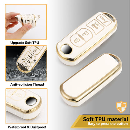 Cadillac Key Fob Cover with Metal Braided Rope Keychain, Upgraded Soft Key Case for 2015-2019 Escalade CTS SRX XT5 ATS STS CT6 (5 Button) (Gold Edge)