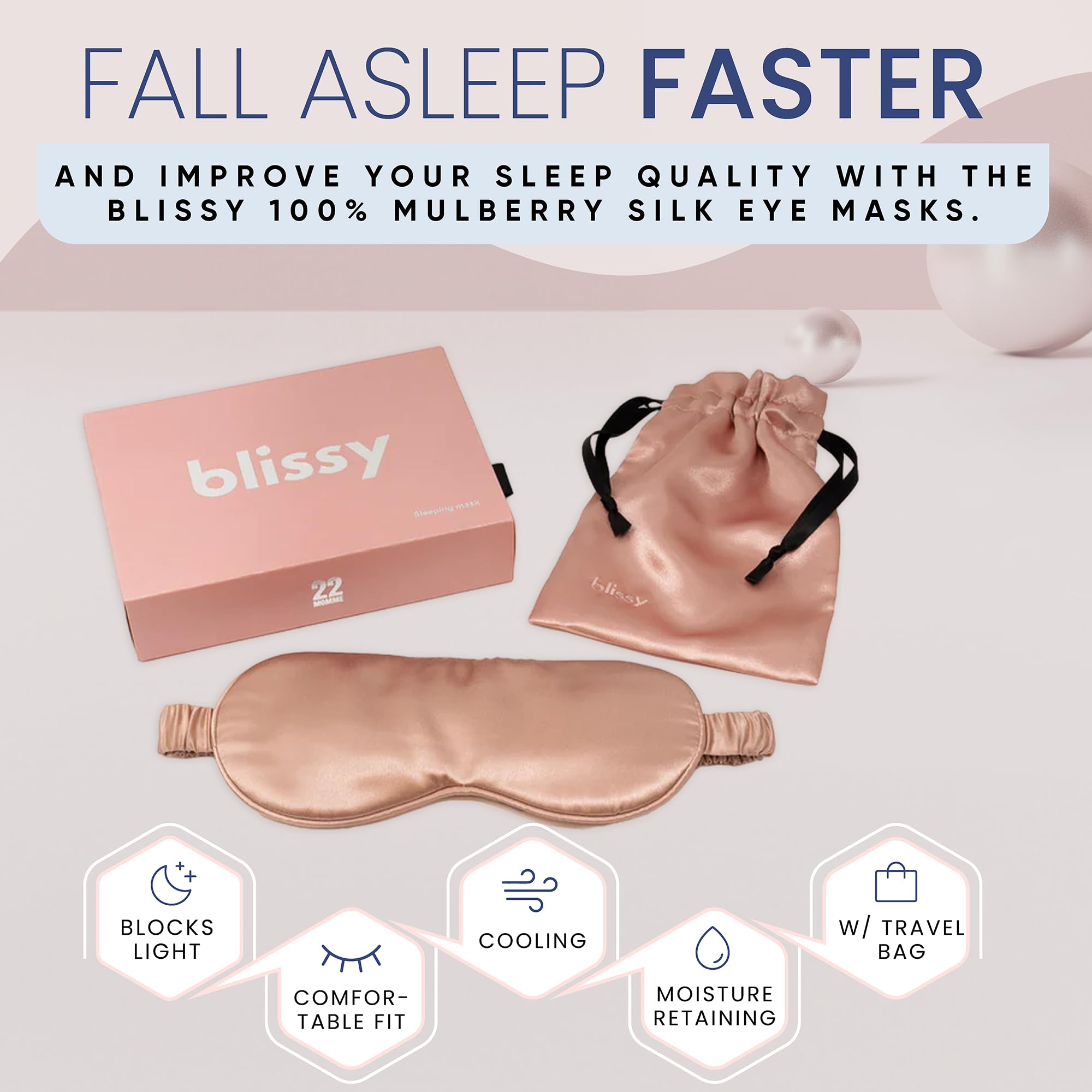 Blissy Silk Sleep Mask - Silk Eye Sleeping Mask for Women &amp; Men for Total Blackout - Silk Eye Mask - 100% Pure Mulberry Silk, 22 Momme 6a Fibers - Blindfold Silk Sleep Mask Side Sleeper Eye Cover