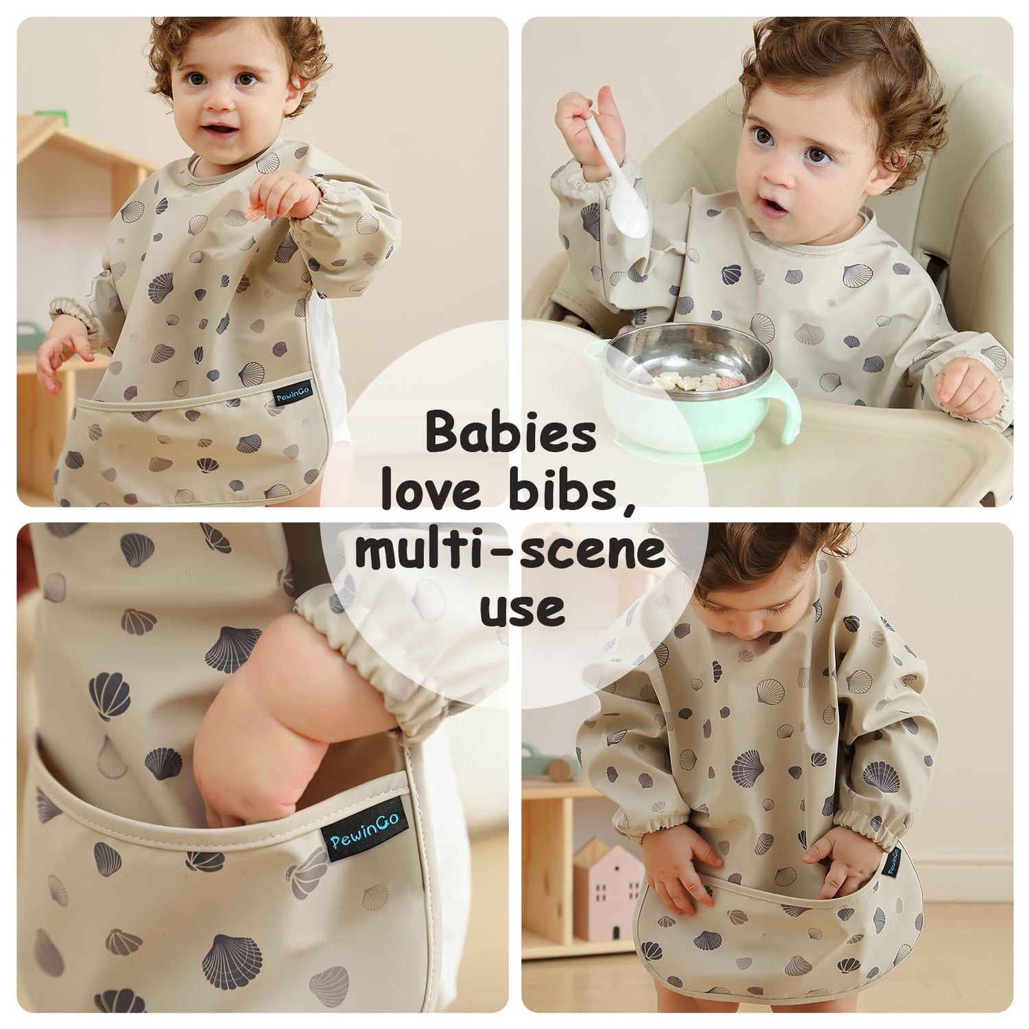 PewinGo Weaning Bib with Long Sleeves &amp; BLW, Soft and Skin-Friendly Material, Coverall Bibs for Baby Feeding, Waterproof and Easy to Clean &amp; Machine Washable, for Baby Infant Toddlers (Pink)