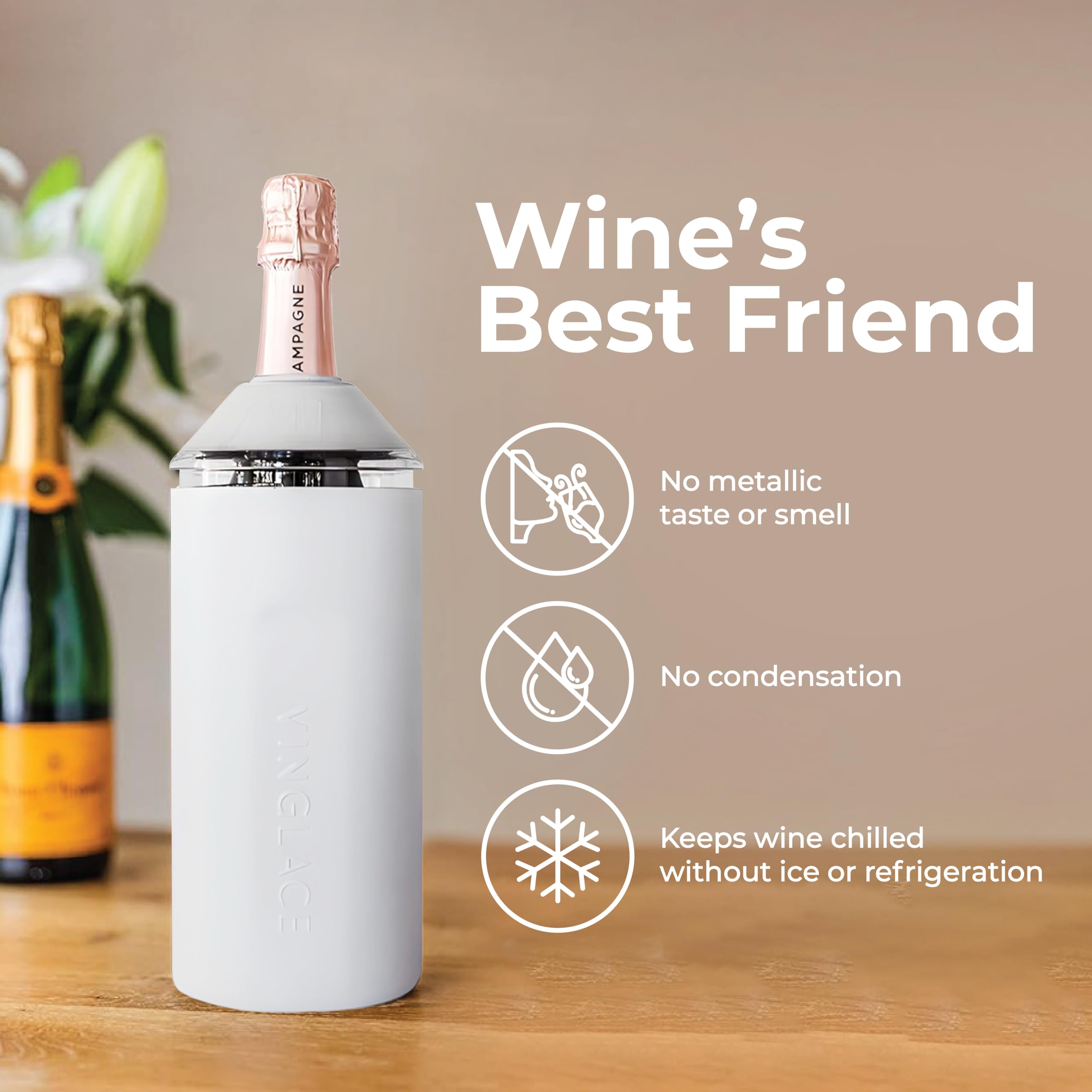 Vinglacé Wine Bottle Chiller- Portable Champagne Insulator- Stainless Steel Wine Cooler Sleeve, White