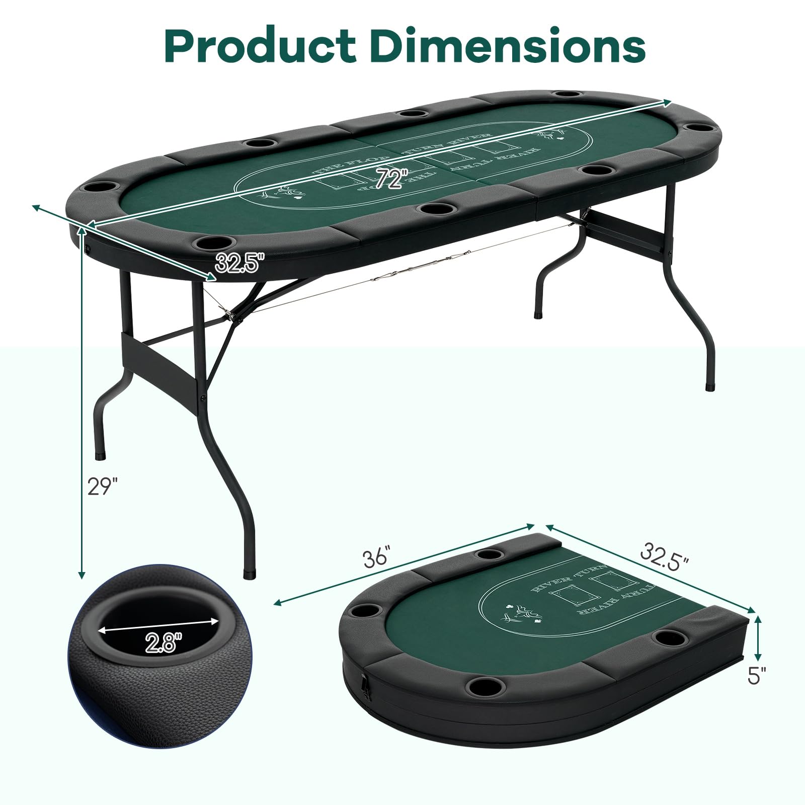 GYMAX Poker Table Foldable, 8-Player Texas Holdem Poker Table with Metal Cup Holders, Casino Grade Felt &amp; Padded Rails, Portable Folding Poker Table for Leisure Game, Homes, Game Rooms (Black)