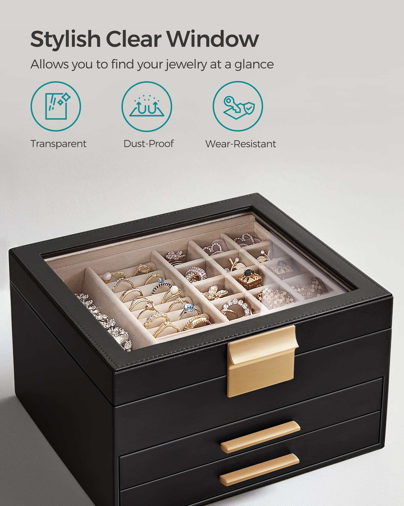 SONGMICS Jewelry Box with Glass Lid, 3-Layer Jewelry Organizer, 2 Drawers, for Big and Small Jewelry, Jewelry Storage, Modern Style, 8 x 9.1 x 5.3 Inches, Cloud White and Gold Color UJBC239WT