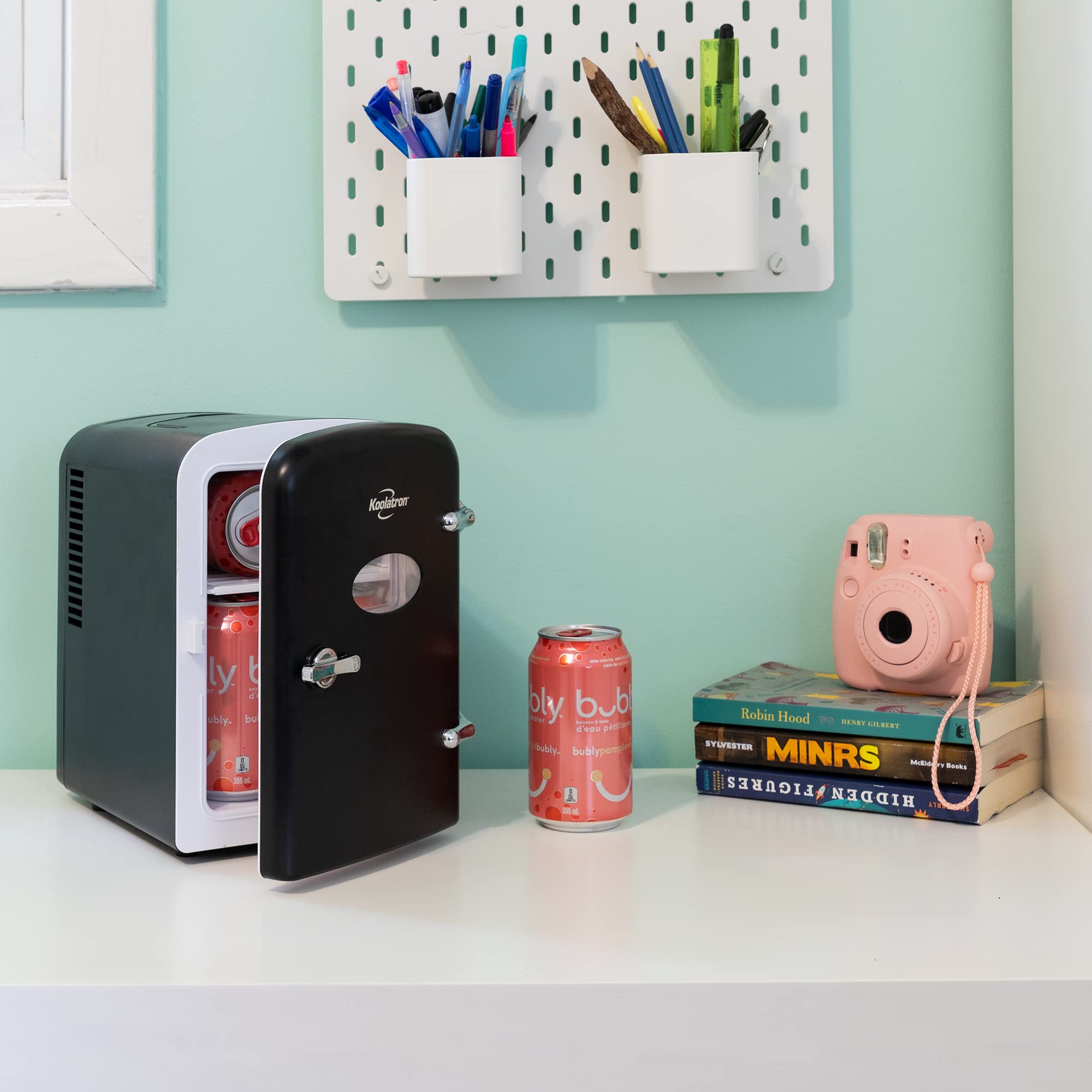 Koolatron Retro Mini Portable Fridge, 4L Compact Refrigerator for Skincare, Beauty Serum, Face Mask, Personal Cooler, Includes 12V Car Adapter, Desktop Accessory for Home Office Dorm Travel, Pink