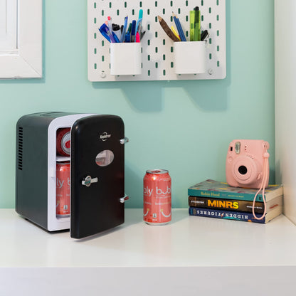 Koolatron Retro Mini Portable Fridge, 4L Compact Refrigerator for Skincare, Beauty Serum, Face Mask, Personal Cooler, Includes 12V Car Adapter, Desktop Accessory for Home Office Dorm Travel, Pink