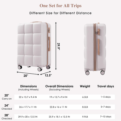 Merax 3 Pcs ABS Hardside Luggage Sets TSA Lock Spinner Wheel Suitcases, Pearly White, 20/24/28 Inch