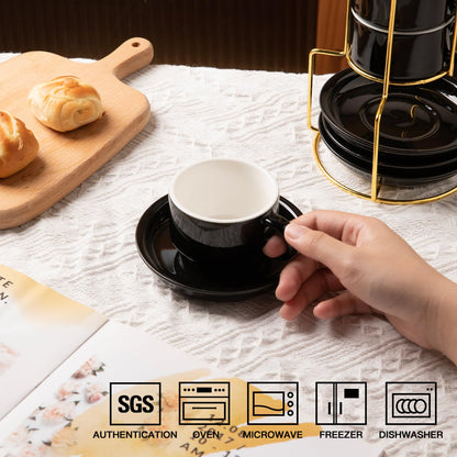 Sweejar Porcelain Espresso Cups with Saucers, 2.5 Ounce Stackable Cappuccino Cups with Metal Stand for Coffee Drinks, Latte, Tea - Set of 4 (Black)