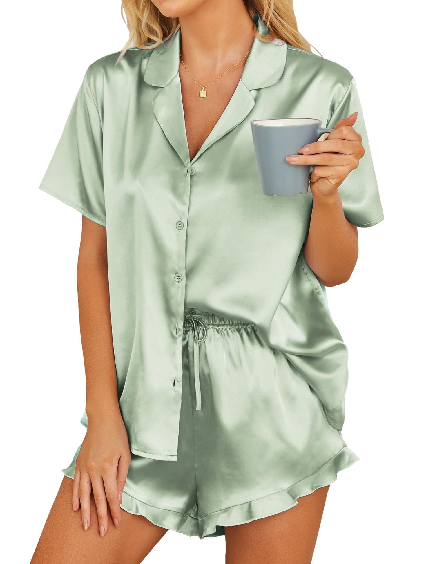 HOTOUCH Womens Satin Pajamas Set Button Down 2 Piece Silk Pjs Shorts Set Ruffle Lingerie Notch Collar Sleepwear