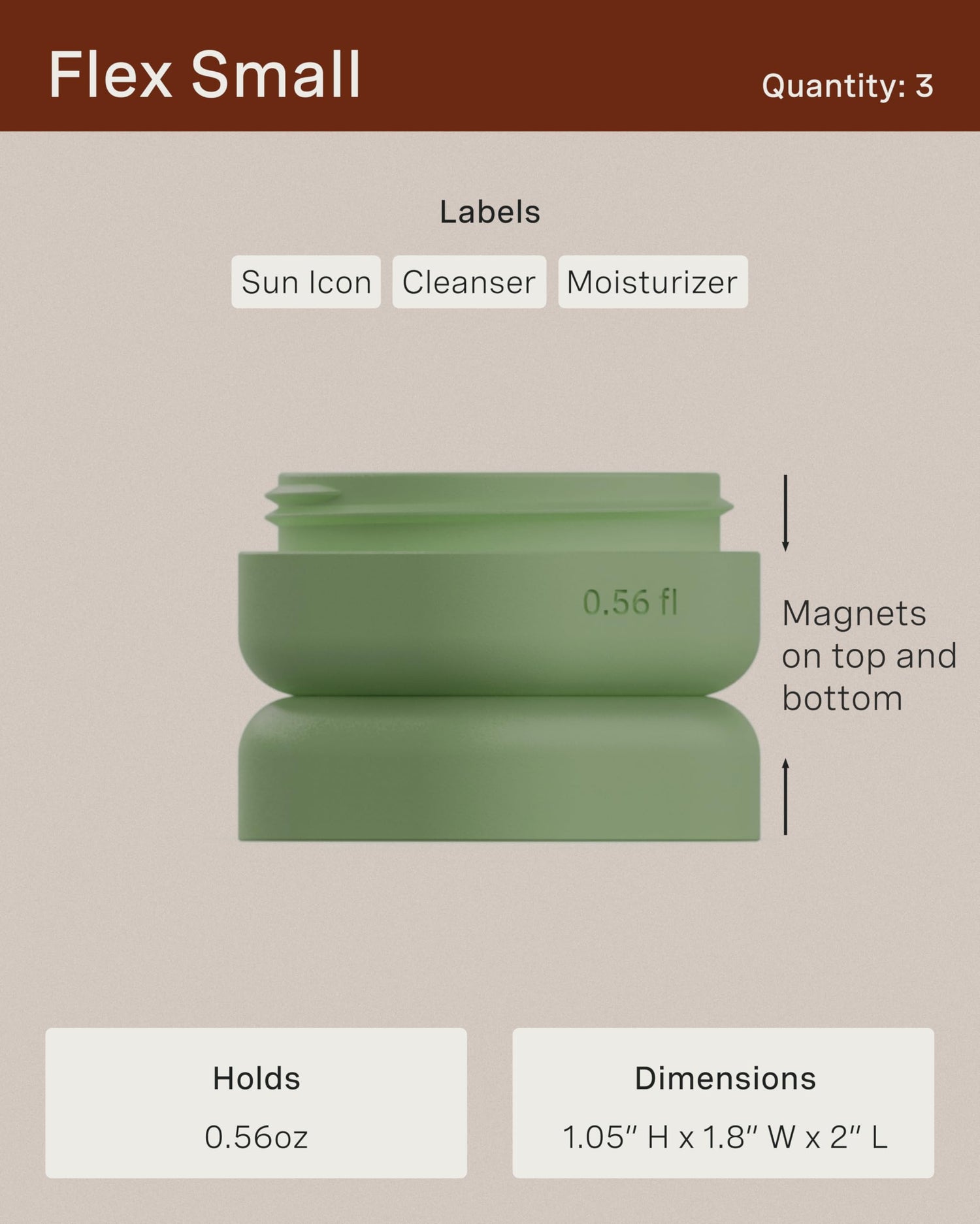 Cadence Travel Containers - Skincare Set - Magnetic Travel Capsules - for Facial Cleanser, Moisturizer, Sunscreen - 3 Small Capsules (0.56oz) with Cleanser, Moisturizer &amp; Sun-Icon Labels - Sand