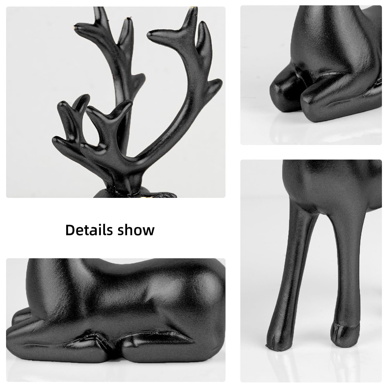 2 Pack Resin Christmas Reindeer Figurines Deer Statues Elk Sculpture Deer Ornaments for Living Figurine Statues TV Cabinet Home Office Wine Cabinet Decoration (Black)