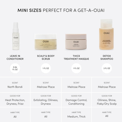 OUAI Travel Kit - Includes Travel Size Leave In Conditioner, Detox Shampoo, Fine to Medium Hair Mask, Scalp &amp; Body Scrub - Travel Size Stocking Stuffers for Women (4 Count)