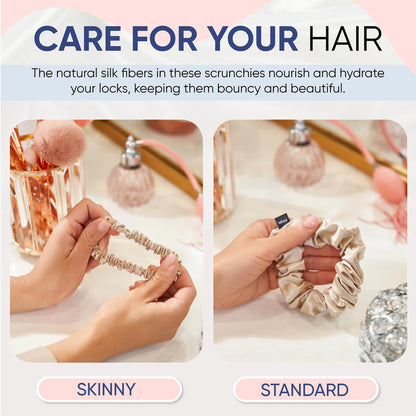 Blissy Silk Scrunchies (3 Pack) - 100% Pure Mulberry Silk - 22 Momme 6A High-Grade Fibers - Silk Scrunchie for Straight &amp; Curly Hair - Preventing Breakage, Tangling, &amp; Creasing (Black Skinny)