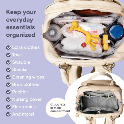 RUVALINO Diaper Bag Backpack, Multifunction Travel Pack Maternity Baby Changing Bags, Large Capacity, Waterproof, Beige