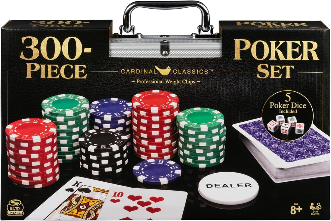 Cardinal Classics, 300-Piece Poker Set with Aluminum Carrying Case &amp; Professional Weight Chips Plus 5 Poker Dice, Casino Game for Adults and Kids Ages 8 and up