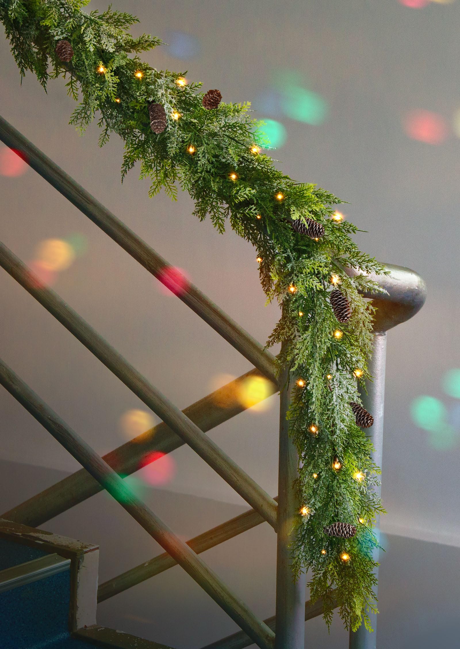 Jin&amp;Bao 6FT Real Touch Norfolk Pine Garlands, Christmas Garland with Lights, Christmas Decorations for Mantel Stairs Table Runner Outdoor Indoor Winter Decor, 50 LED with Timer 8 Modes