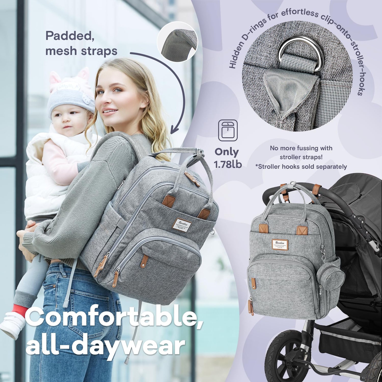 RUVALINO Diaper Bag Backpack, Multifunction Travel Pack Maternity Baby Changing Bags, Large Capacity, Waterproof, Beige