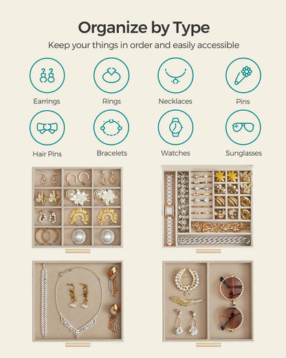 SONGMICS Jewelry Box with Glass Lid, 3-Layer Jewelry Organizer, 2 Drawers, for Big and Small Jewelry, Jewelry Storage, Modern Style, 8 x 9.1 x 5.3 Inches, Cloud White and Gold Color UJBC239WT