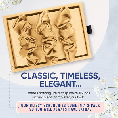 Blissy Silk Scrunchies (3 Pack) - 100% Pure Mulberry Silk - 22 Momme 6A High-Grade Fibers - Silk Scrunchie for Straight &amp; Curly Hair - Preventing Breakage, Tangling, &amp; Creasing (Rose Skinny)