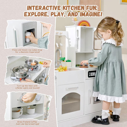 Wooden Play Kitchen for Kids with Realistic Lights and Sounds, Large Toddlers Interactive Kitchen Playset with Ice Maker, Stove, Sink, Oven, and 12 Accessories, Pretend Play Kitchen Set for Ages 3-8