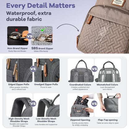 RUVALINO Diaper Bag Backpack, Multifunction Travel Pack Maternity Baby Changing Bags, Large Capacity, Waterproof, Beige