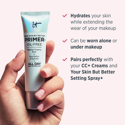 IT Cosmetics Your Skin But Better Makeup Primer+ - Extends Makeup Wear, Hydrates Skin, Refines the Look of Pores - With Glycerin, Bark Extract &amp; Ginger Root Extract - Oil-Free Formula - 1 fl oz