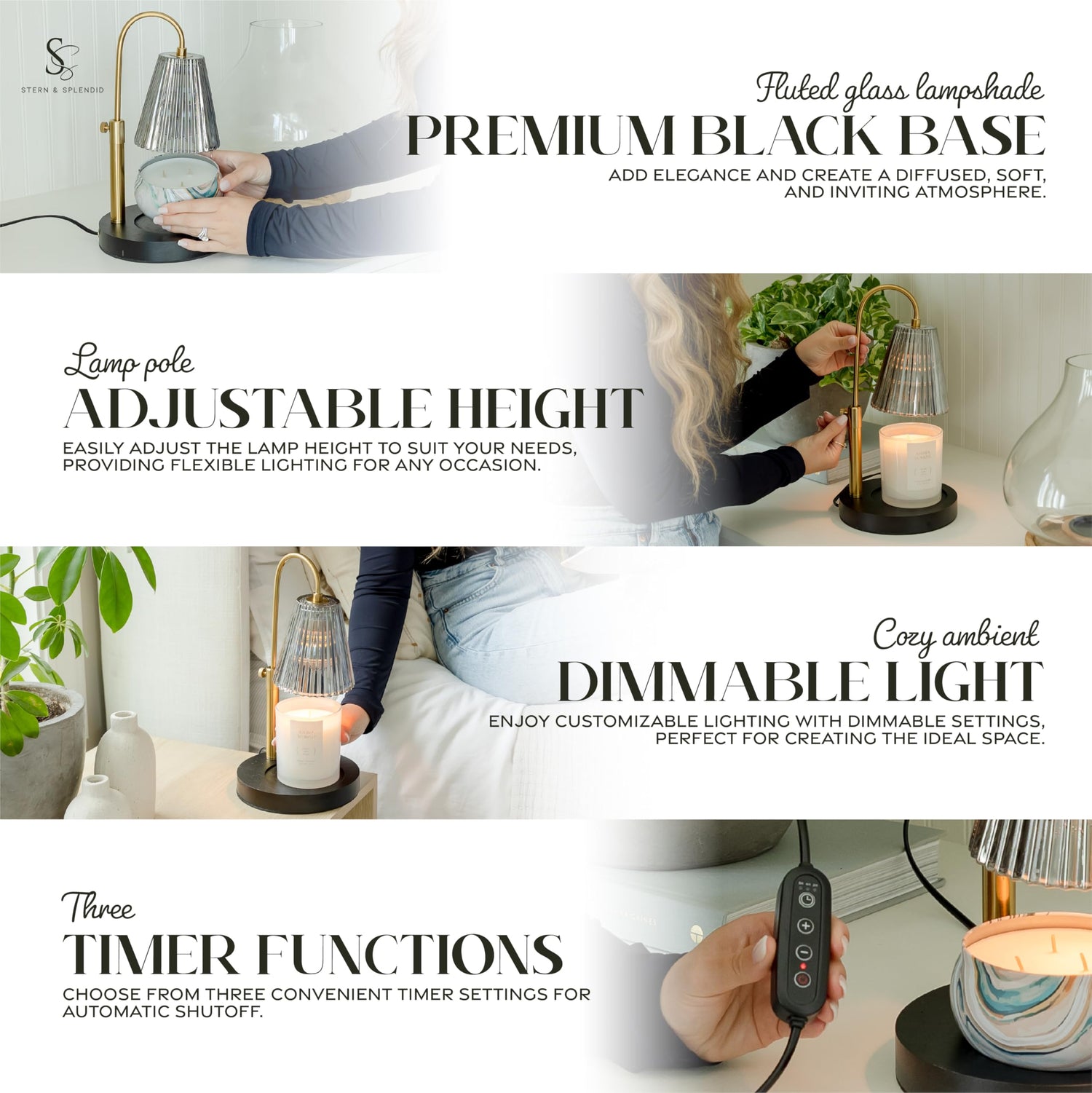 Flameless Candle Warmer Lamp for Jar Candles Large &amp; Small – Dimmable Lamp Candle Warmer Electric with Large Marble Base &amp; Adjustable Height – Candle Melter with Timer and 4 Halogen Light Bulbs