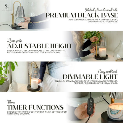 Flameless Candle Warmer Lamp for Jar Candles Large &amp; Small – Dimmable Lamp Candle Warmer Electric with Large Marble Base &amp; Adjustable Height – Candle Melter with Timer and 4 Halogen Light Bulbs