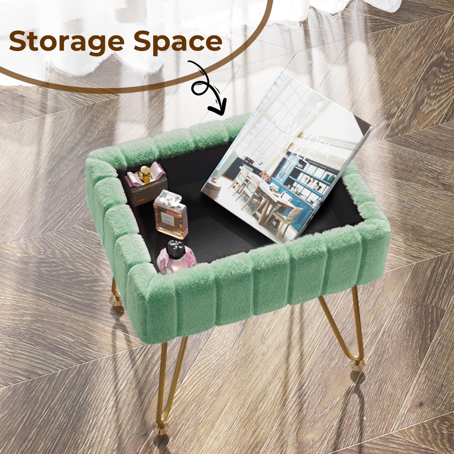 Greenstell Vanity Stool Chair Faux Fur with Storage, 19.4&quot; H x 15.7&quot; L x 11.8&quot; W Soft Ottoman 4 Metal Legs with Anti-Slip Feet, Furry Padded Seat, Modern Multifunctional Chairs for Makeup, Bedroom
