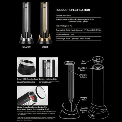 LINKSTYLE OPENERO Electric Wine Bottle Opener, Luxury Automatic Wine Corkscrew with Foil Cutter and Charging Base, Premium Metals with Elegant Gift Box, Home Bar Accessories for Wine Lovers, Gold