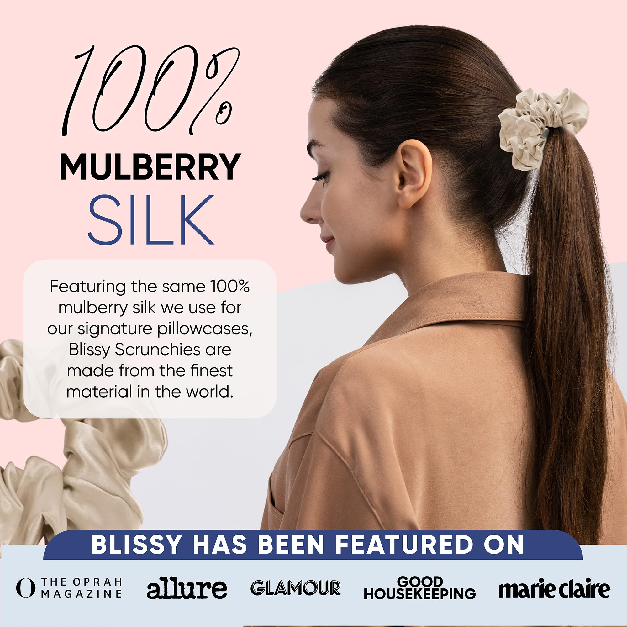 Blissy Silk Scrunchies (3 Pack) - 100% Pure Mulberry Silk - 22 Momme 6A High-Grade Fibers - Silk Scrunchie for Straight &amp; Curly Hair - Preventing Breakage, Tangling, &amp; Creasing (Rose Skinny)