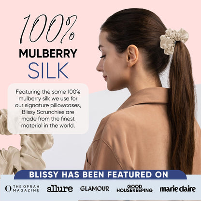 Blissy Silk Scrunchies (3 Pack) - 100% Pure Mulberry Silk - 22 Momme 6A High-Grade Fibers - Silk Scrunchie for Straight &amp; Curly Hair - Preventing Breakage, Tangling, &amp; Creasing (Rose Skinny)