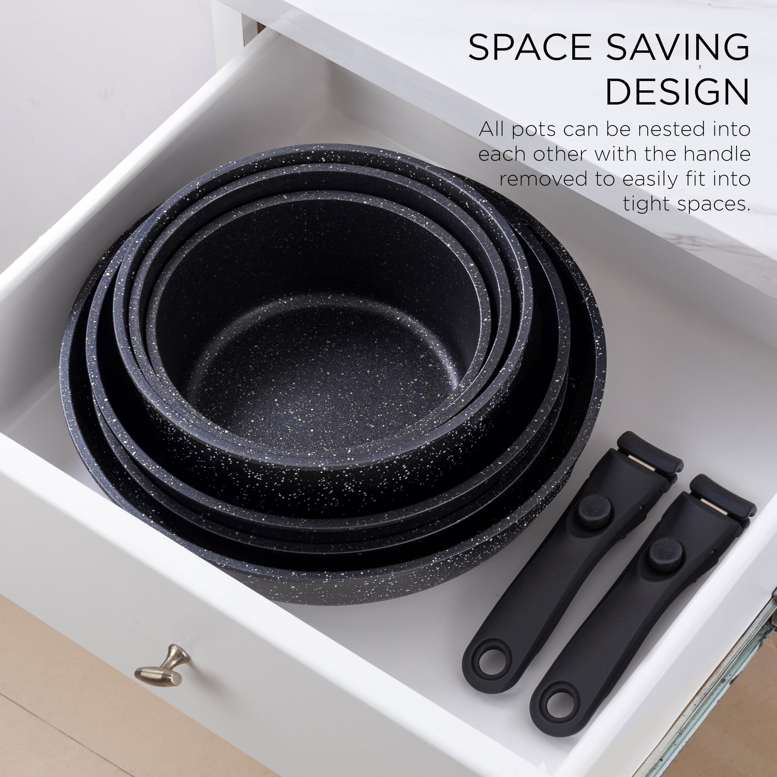 Country Kitchen Cookware Set with Removable Handle, Oven &amp; RV Safe Pots and Pans Set, Cream, Deluxe Larger Set