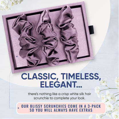 Blissy Silk Scrunchies (3 Pack) - 100% Pure Mulberry Silk - 22 Momme 6A High-Grade Fibers - Silk Scrunchie for Straight &amp; Curly Hair - Preventing Breakage, Tangling, &amp; Creasing (Black Skinny)